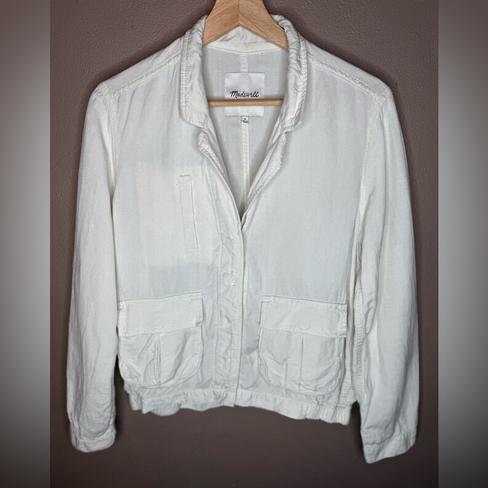 Madewell League Linen Blend Ivory Beige Cargo Jacket with Front Pockets - Medium